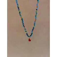 Red & Blue Beaded Necklace, Vintage Heart Pendant Choker, Dainty Layered Holiday Necklace