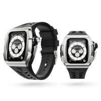 【Y24】Apple Watch 45mm 不鏽鋼防水保護殼 銀錶殼/黑錶帶