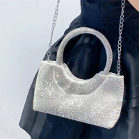 [COD & FreeShipping] Silver Rhinestone Clutch Bag for Women, Sparkling U-Handle Evening Handbag, Bli