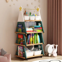 Children's mobile bookshelf with wheels, solid wood picture book stand, floor toy shelf