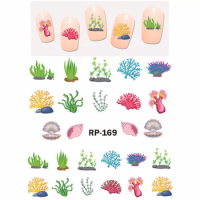 5 Pcs UPRETTEGO Nail Art Beauty Sticker Water Decal Slider Cartoon Dolphin Fish Sea Weed Sea Horse Hermit Crab Coral RP169-174