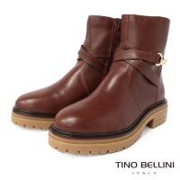 Tino Bellini 巴西進口牛皮交叉鍊飾側拉鍊短筒軍靴-咖啡