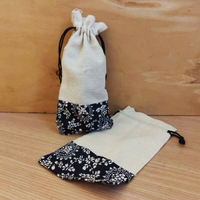 日式束口袋 -長 深藍色花邊麻布束口袋 棉麻抽繩束口袋 收納整理袋 禮品袋 旅行小物收納袋 贈品禮品