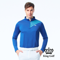 【KING GOLF】男款薄款立領拉鍊線條幾何圖形長袖款式POLO衫/高爾夫球衫-藍色