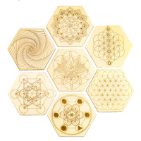 2pcs Wood 7 Chakra Crystal Plate Energy Stone Wooden Metatron Hexagon Yoga Meditation Gravel Support Seven Star Array Ornament