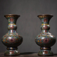 13"Tibetan Temple Collection Old purple Bronze Cloisonne Enamel Lotus texture Bottle Pot Bottle Vase A pair Worship Hall