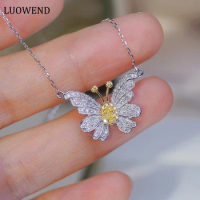 LUOWEND 18K White Gold Necklace Women Real Natural Yellow Diamond Pendant Necklace Wedding Jewelry Romantic Butterfly Design