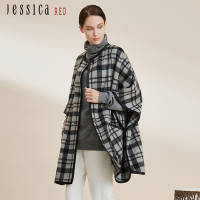 JESSICA RED - 百搭寬鬆格紋口袋羊毛混紡斗篷外套8246C4