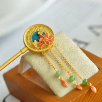 Court Style Enamel Lotus Flower Tiara Hair Jewelry New in Chinese Style Natural Hetian White Jade Circular Tassel Pin Hanfu Gift