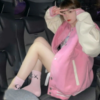 粉色棒球服女ins潮牌2022年春秋vintage寬松外套拼接夾克美式學生