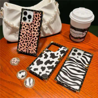 Zebra Leopard Print Leather Plating Ring Case For VIVO S12 Y76 Y55S Y15S Y33S Y51 Y52 Y21 X70 V21E V21 X60 V20 Y73S Square Cover