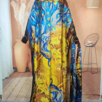 New Style Fashion Silk 1 Set Women Kaftan Maxi Dress With Scarf Dubai Dashiki Printed Muslim Long Loose Abaya Robe