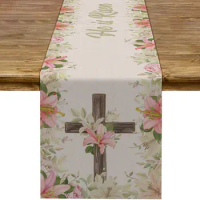 He Is Risen Table Runner Easter Christian Cross Lily Flowers Resurrection Spring Holiday Party Kitchen Dinning Home Decoration