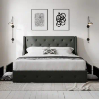King Size Bed Frame with 4 Storage Drawers and Wingback Headboard, Button Tufted Design, No Box Spring Needed, Light Grey