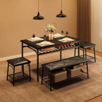 Dining table set for 4 people, kitchen table set with upholstered benches and square stools, space dining table set