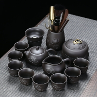 黑紫砂功夫茶具半手工浮雕辦公用泡茶器中式整套純色茶壺套裝家用