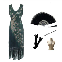 1920s Flapper Dress And Accessories Set Peacock Elegant Tassel Gatsby Charleston Costume Vintage Women Beaded Evening Dress