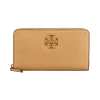 TORY BURCH Britten復古金框簍空LOGO荔枝紋小牛皮8卡拉鏈長夾(淺提拉米蘇棕/附鍊帶卡夾)
