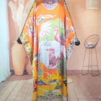 Unique Fashion Middle East Traditional Printed Silk Summer Loose Kaftan Dress Oversized African Muslim Lady Ramadan Abaya