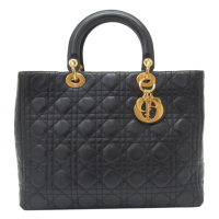 【二手名牌BRAND OFF】Dior 迪奧【再降價】 黑色 羊皮 籐格紋 Lady Dior 兩用包 金扣