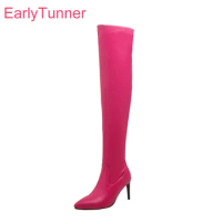 Winter Fashion Rose Black Women Thigh High Boots Pointed Toe High Thin Heel Lady Dress Shoes Plus Big Size 11 43 46 48