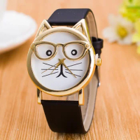Geneva Watch Women Leather Strap Analog Quartz Wrist Watches Leopard Cat Face Glasses Kids Clock Ladies Watch Relojes Para Mujer