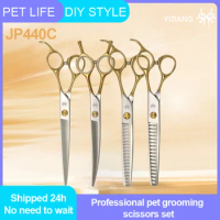Yijiang JP440C Steel 7.0/7.0/6.5/7.0inch Professional Grooming Straight/Curved/Thinning/Chunker Scissors Set for Dogs Pets