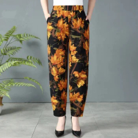 2022 Spring And Summer New Cotton Linen Women's Pants Wide-Leg Pants Middle-Aged And Elderly Women's Printed Long Women's Pants