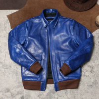 Wax Feel Unpainted Indigo Dyed Cowhide Jacket, Heavyweight Escape A2 Flight Suit, Leather Jacket, Men's Retro Leather Jacket