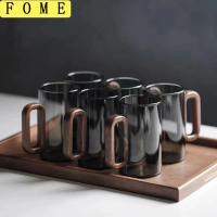 【L Cry】    2/4/6pcs Glass Mug With Wooden Handle Heat-resistant Teacup Set Transparent Breakfast Mil