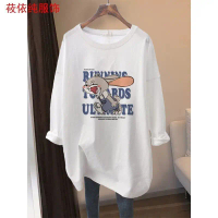 เสื้อยืดแขนยาว สำหรับผู้หญิง คลุมสะโพก ทรงหลวม พลัสไซส์ สีขาว เหมาะสำหรับต้นฤดูใบไม้ร่วง ใหม่ สไตล์ต