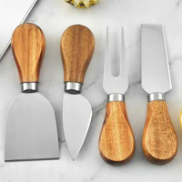 4pcs/Set Creative Stainless Steel Cheese Knife with Wooden Handle Portable Butter Pizza Cheese Knife and Fork Kitchen Tableware