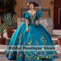 Luxury Mexican Quinceanera Dresses Satin Puffy Sleeves Flowers Appliquel Beads Sweet 16 Birthday Party Dress Corset Gowns