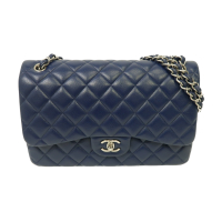 【二手名牌BRAND OFF】CHANEL 香奈兒 藍色 牛皮 菱格紋 荔枝紋 Classic Flap Jumbo 肩背包 鍊帶 銀扣