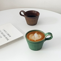 壹銘 復古風豎紋陶瓷杯拿鐵美式咖啡杯家用早餐杯350ml