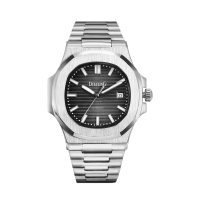 【DITALING】銀框 黑面橫條 八角造型 自動上鍊機械錶 不鏽鋼錶帶 男錶 情人節(DT1561-S2)