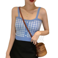 [ Racun Lingerie ] Tanktop Fashion Korean Look Atasan Wanita Knit Crop Motif Mini Kotak Kotak Button