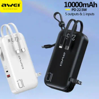 Awei P189K 5 in 1 Portable Power Bank 10000mAh With Plug for iOS &amp; Android Powerbank PD22.5W Fast Charger External Spare Battery