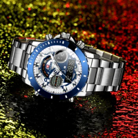 KADEMAN Mens Watch New Fashion Full Steel Quartz Wristwatch Men LED Dual Display Sport Waterproof Male Clock Relogio Masculino