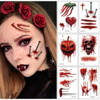 Halloween Big Scars 3D Tattoo Temporary Bloody Marks Skull Disposable Party Makeup Horrible Body Art Festival Sticker Waterproof