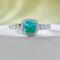 Jewelry Live New S925 Silver Imitation Emerald 5 * 5 Sugar Tower Ring Daily Fashion Simplicity Small and Popular Fashion