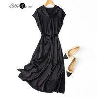 Elastic Plain Crepe Satin 93% Natural Mulberry Silk Temperament Classic Black Elegant V-neck Bag Sleeve Length Silk Dress