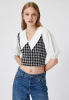 KOTON 短燈籠袖拼色粗花呢上衣