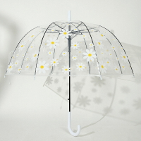 浮羽雨傘女 新款印花泡泡拱形傘雛菊花朵半自動長柄傘白色透明傘