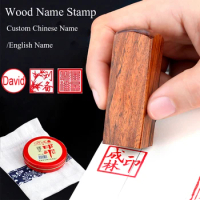 Chinese Traditional Style Natural Solid Wood Name Stamp Retro Square Custom Stamp For Chinese English Name Durable Personal Seal
