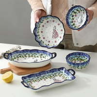 波蘭手繪盤子創意個性焗飯盤碗烤箱烤盤餐具陶瓷雙耳湯盤深盤家用