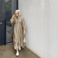 Gamis Wanita Midi Dress Linen Tali Pinggang Hazel Wanita Kain Kancing Muslim  Panjang  Simple  Basic