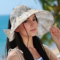 New Women's Summer Goddess Elegant Flower Cloth Large brim Open Top Hat Leisure UV Protection Sun Visor Hat