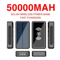 2023New 50000mAh Wireless Solar Power Bank External Battery Portable Powerbank 2USB Fast Charging for