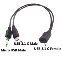1pcs USB 3.1 C Female to Micro Male &amp; Type-C USB 3.1 Data Charge Splitter Y Cable 32cm(1ft)